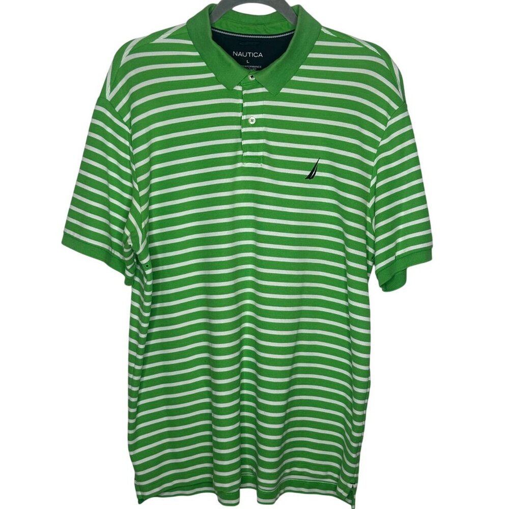 Nautica Green/White Striped Performance Deck Polo Shirt L Pima Cotton Prep Frat